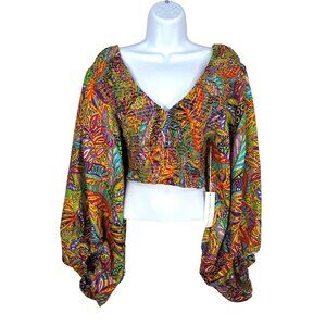 Live 4 Truth Smocked Crop Top Bishop Sleeve tropical Print Multicolor Sz L